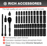 55Pcs 1/4" Impact Socket Sets,Sae/Metric, Deep/Shallow, 6 Point,Cr-V Steel,(5/32"-9/16", 4-15Mm) Sockets with 72 Tooth Ratchet,Extension Bar,Universal Joint and Socket Adapter