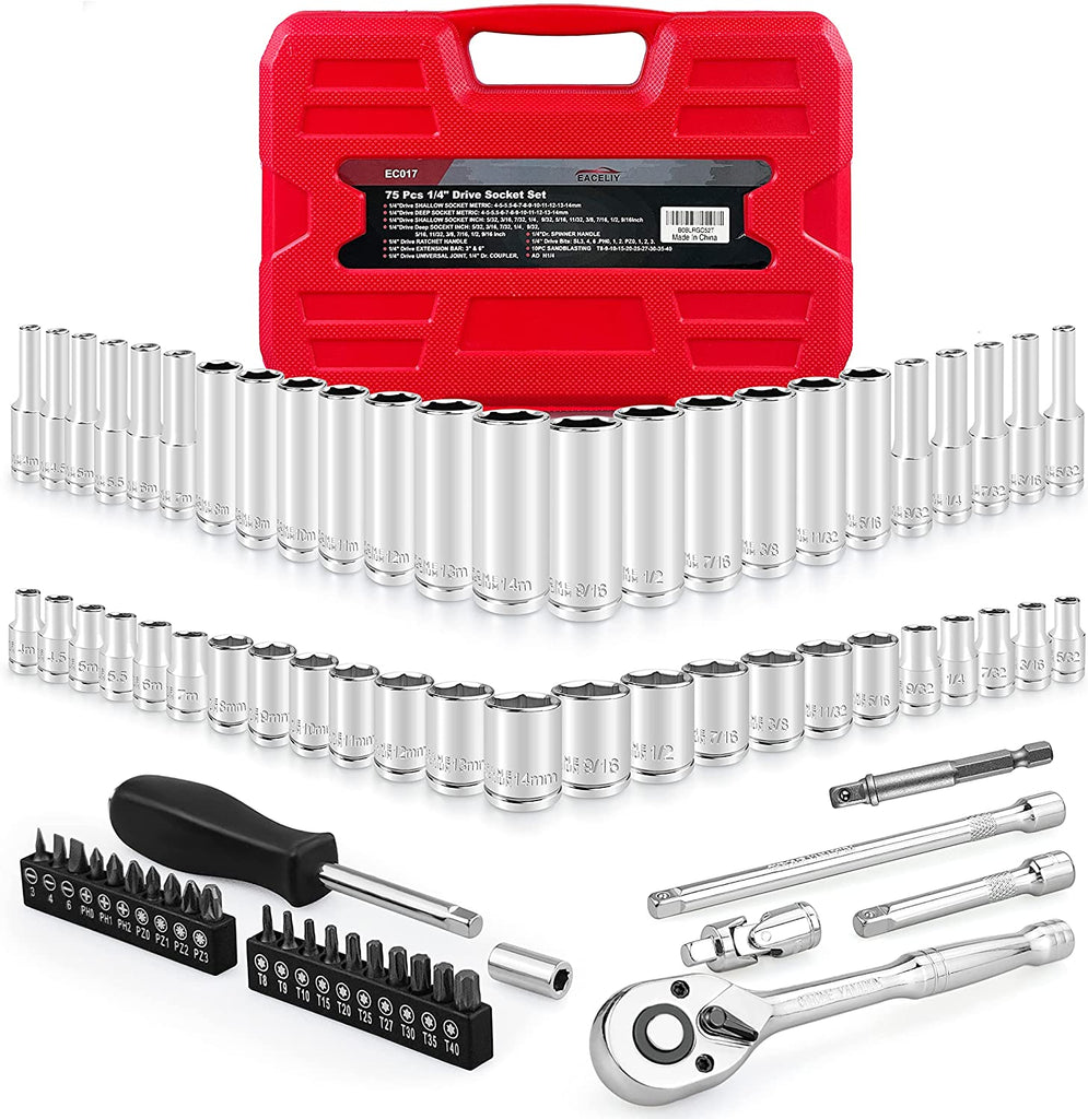 75Pcs 1/4" Drive Impact Socket Set, Master Socket Set,Wrench Set with 1/4" Bit Adapter, Universal Joint, Ratchet, 1/4 "Drive Bit Set Extension (5/32" - 9/16 ", 4-14Mm)