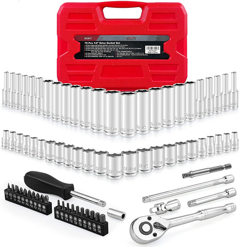 75Pcs 1/4" Drive Impact Socket Set, Master Socket Set,Wrench Set with 1/4" Bit Adapter, Universal Joint, Ratchet, 1/4 "Drive Bit Set Extension (5/32" - 9/16 ", 4-14Mm)