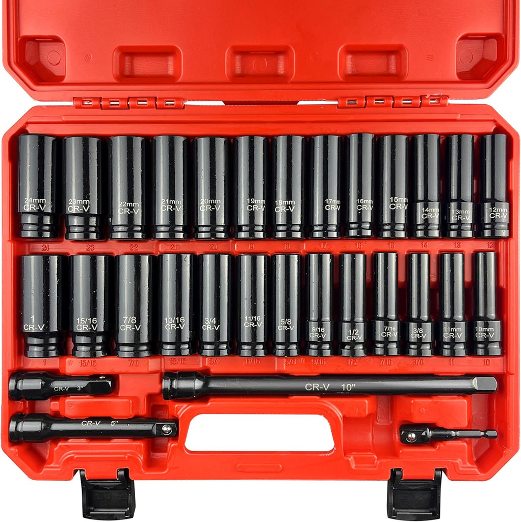 30Pcs 1/2" Socket Set, Drive Deep Impact Socket Set, Including 3 ", 5", 10" Impact Extension Bar, Standard SAE (3/8 "- 1") and Metric (10Mm-24Mm),Bit Adaptor,Cr-V Steel
