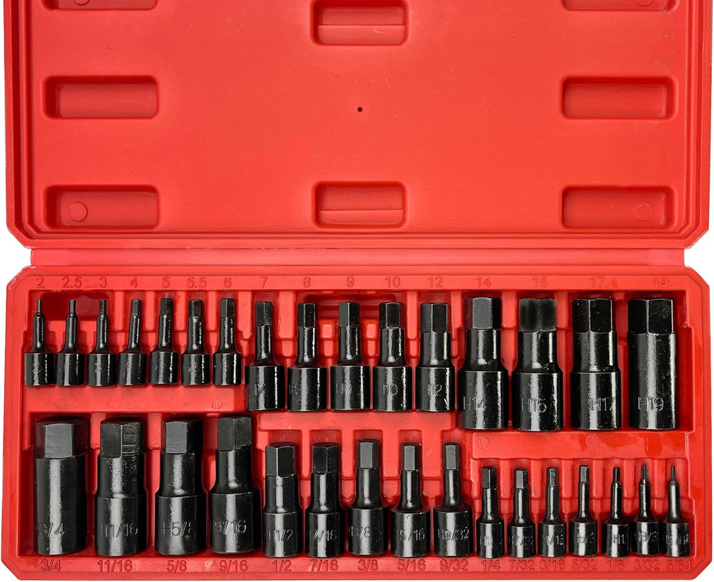 32Pcs Master Hex Bit Socket Set, Allen Socket Set, 1/4'', 3/8'&1/2'' Hex Drive Sockets, SAE &Metric,S2 Alloy Steel & Cr-V,5/64 to 3/4,2Mm to 19Mm