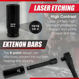 29Pcs 1/2" Socket Set, Drive Deep Impact Socket Set, Including 3 ", 5", 10" Impact Extension Bar, Standard SAE (3/8 "- 1") and Metric (10Mm-24Mm), Cr-V Steel