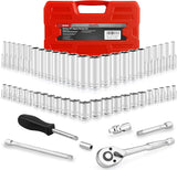 54Pcs 1/4" Socket Set,Drive Impact Socket Set, Sae/Metric, Deep & Shallow with Universal Joint,Extension Bars,Hex Bit Holder, Spinner Handle,Ratchet,Cr-V Steel,6 Point,4-14Mm,5/32-9/16 Inch
