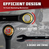 9PCS Anti-Slip Ratcheting Combination Wrench Set, SAE 1/4"-3/4", 72-Tooth, Cr-V Steel, 12 Point with Roll up Pouch