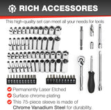 75Pcs 1/4" Drive Impact Socket Set, Master Socket Set,Wrench Set with 1/4" Bit Adapter, Universal Joint, Ratchet, 1/4 "Drive Bit Set Extension (5/32" - 9/16 ", 4-14Mm)
