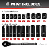 21Pcs 3/8" Socket Set,Drive Impact Socket Set, SAE, Deep & Shallow, Cr-V Steel, 6 Point with Adapters, 72T Ratchet Handle, 5/16-7/8Inch