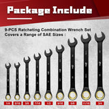 9PCS Anti-Slip Ratcheting Combination Wrench Set, SAE 1/4"-3/4", 72-Tooth, Cr-V Steel, 12 Point with Roll up Pouch