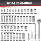 44Pcs 3/8" Drive Impact Socket Set,Drive Master Socket Set,Sae/Metric, Deep & Shallow with 3/8" Drive Head Ratchet,Universal Joint,Extension Bar (3” & 6”),6 Point,Cr-V Steel,Mirror Chrome