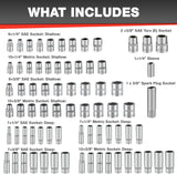 122Pcs 1/4" & 3/8” Drive Impact Socket Set, Ratchet Socket Wrench Set with Extention Bar, Adapter, Screw Bits,Drive Bit Holder, Spark Plug Socket,Cr-V
