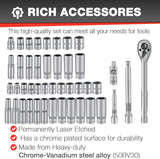 44Pcs 3/8" Drive Impact Socket Set,Drive Master Socket Set,Sae/Metric, Deep & Shallow with 3/8" Drive Head Ratchet,Universal Joint,Extension Bar (3” & 6”),6 Point,Cr-V Steel,Mirror Chrome
