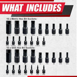 32Pcs Master Hex Bit Socket Set, Allen Socket Set, 1/4'', 3/8'&1/2'' Hex Drive Sockets, SAE &Metric,S2 Alloy Steel & Cr-V,5/64 to 3/4,2Mm to 19Mm