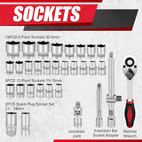 32Pcs 1/2" Drive Impact Socket Set,Metric, Deep with 3/8"F to 1/2"M Universal Joint,Extension Bar (5” & 10”),Ratchet Wrench,Spark Plug Socket,6 &12 Point,Cr-V Steel,Mirror Chrome