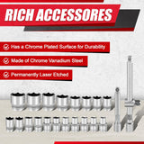 32Pcs 1/2" Drive Impact Socket Set,Metric, Deep with 3/8"F to 1/2"M Universal Joint,Extension Bar (5” & 10”),Ratchet Wrench,Spark Plug Socket,6 &12 Point,Cr-V Steel,Mirror Chrome