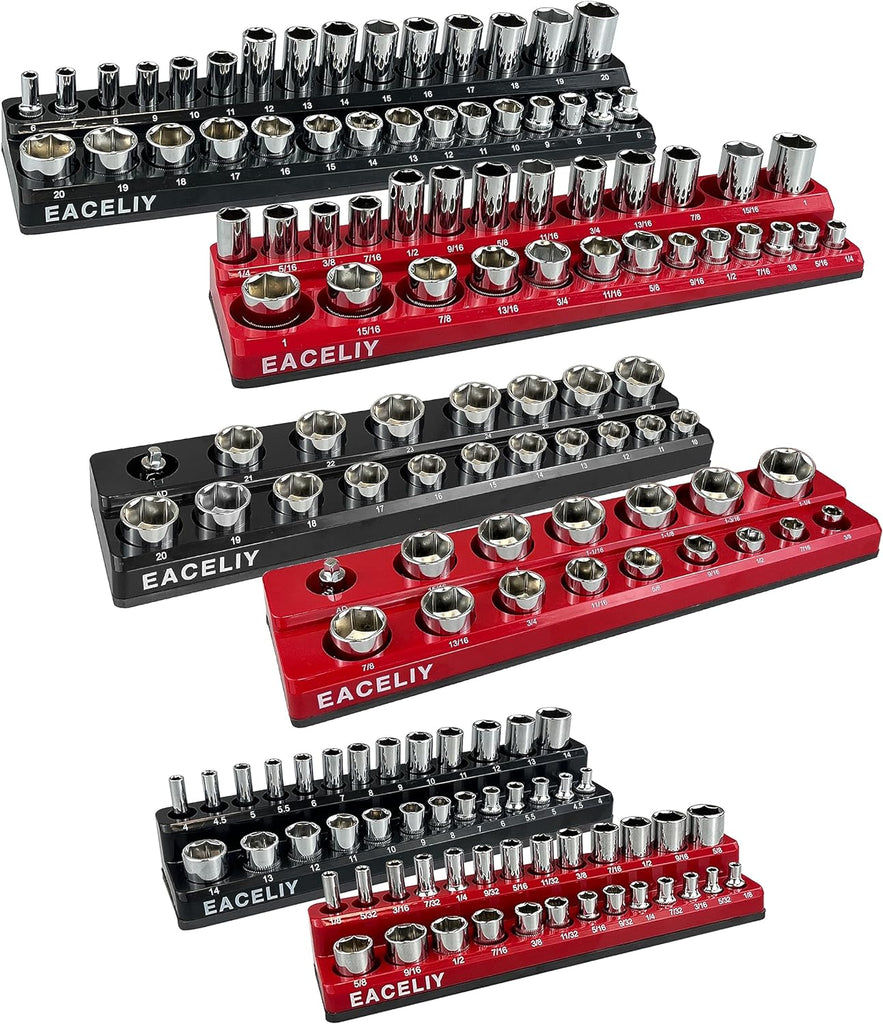 6Pcs Magnetic Socket Organizer Set, 1/2", 1/4" and 3/8" SAE & Metric Deep & Shallow Socket Holder Kit, Socket Trays,Holds 143Pcs Sockets (Sockets Not Included)