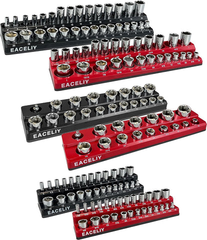 6Pcs Magnetic Socket Organizer Set, 1/2", 1/4" and 3/8" SAE & Metric Deep & Shallow Socket Holder Kit, Socket Trays,Holds 143Pcs Sockets (Sockets Not Included)