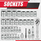 35Pcs 1/4"&3/8” Drive Impact Socket Set,Drive Master Socket Set,Sae/Metric with 3/8" Drive Head Ratchet,Drill Adapter,Extension Bar,6 Point,Cr-V Steel,Mirror Chrome