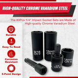 83Pcs 1/4" Socket Set,Drive Impact Socket Set, Sae/Metric, Deep & Shallow, Cr-V Steel, 6 Point with Adapters, 72T Ratchet Handle, Extension Bars,Screwdriver Bits,4-15Mm,5/32-9/16 Inch