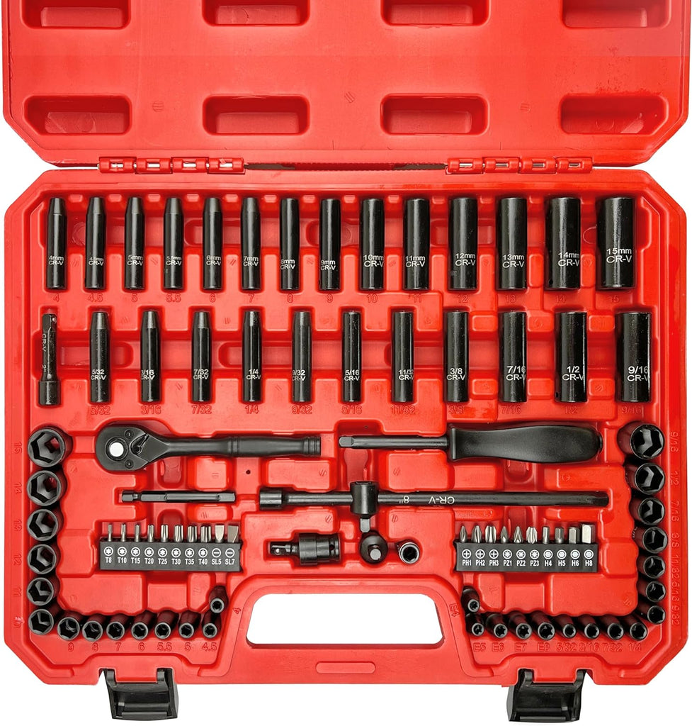 83Pcs 1/4" Socket Set,Drive Impact Socket Set, Sae/Metric, Deep & Shallow, Cr-V Steel, 6 Point with Adapters, 72T Ratchet Handle, Extension Bars,Screwdriver Bits,4-15Mm,5/32-9/16 Inch