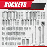 69Pcs 1/4”&3/8" Drive Impact Socket Set,Drive Master Socket Set,Sae/Metric, Deep & Shallow with Drive Head Ratchet,Drive Spark Plug Socket,Extension Bar (3” & 6”),6 Point,Cr-V Steel