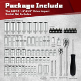86PCS 1/4”&3/8” Drive Impact Socket Set,Socket Wrench Set,Include Ratchet Handle, Extention Bar, Adapter, 1/4" Bits,Metric/Sae,Deep/Shallow,6-Point,Cr-V Steel,Mirror