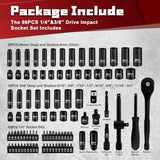 95PCS 3/8” Drive Impact Socket Set,Socket Wrench Set,Include Ratchet Handle, Adapter, Extension Bar, Spark Plug Socket, 1/4" Bits,Metric/Sae,Deep/Shallow,6-Point,Cr-V Steel