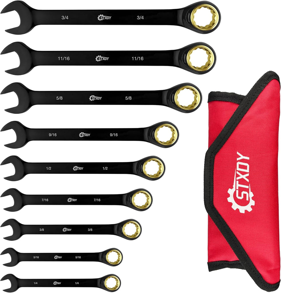 9PCS Anti-Slip Ratcheting Combination Wrench Set, SAE 1/4"-3/4", 72-Tooth, Cr-V Steel, 12 Point with Roll up Pouch