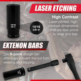 30Pcs 1/2" Socket Set, Drive Deep Impact Socket Set, Including 3 ", 5", 10" Impact Extension Bar, Standard SAE (3/8 "- 1") and Metric (10Mm-24Mm),Impact Adapter,Cr-V Steel