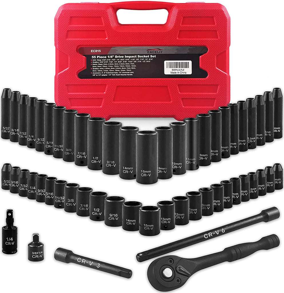 55Pcs 1/4" Impact Socket Sets,Sae/Metric, Deep/Shallow, 6 Point,Cr-V Steel,(5/32"-9/16", 4-15Mm) Sockets with 72 Tooth Ratchet,Extension Bar,Universal Joint and Socket Adapter