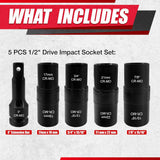 5PCS 1/2" Drive Impact Socket Set,Flip Socket Set,Metric(17X19,21X22 Mm) & Sae(3/4X13/16,7/8X15/16In) with 3” Extension Bar,Cr-Mo Steel,Double Ended Thin Wall Nut Sockets