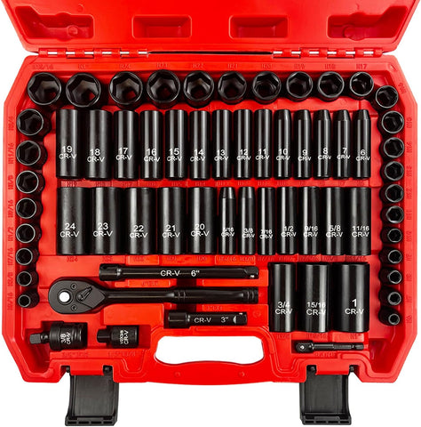 64Pcs 3/8" Socket Set,Drive Impact Socket Set, Sae/Metric, Deep & Shallow, Cr-V Steel, 6 Point with Adapters, 72T Ratchet Handle, Extension Bars,Bit Adapter,6-24Mm,5/16-1 Inch