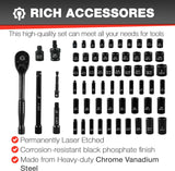 64Pcs 3/8" Socket Set,Drive Impact Socket Set, Sae/Metric, Deep & Shallow, Cr-V Steel, 6 Point with Adapters, 72T Ratchet Handle, Extension Bars,Bit Adapter,6-24Mm,5/16-1 Inch