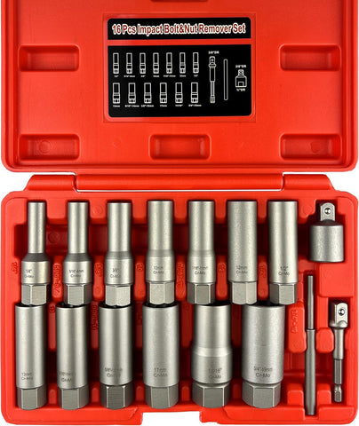 16Pcs Deep Bolt Extractor Set, Stripped Bolt Extractor Kit, Impact Bolt and Nut Extractor Kit for Removing Damaged, Deformed, Broken Bolts, Nuts, Screws, Studs