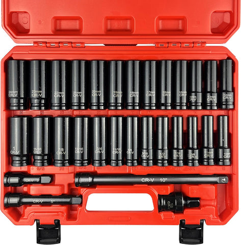 30Pcs 1/2" Socket Set, Drive Deep Impact Socket Set, Including 3 ", 5", 10" Impact Extension Bar, Standard SAE (3/8 "- 1") and Metric (10Mm-24Mm),Impact Adapter,Cr-V Steel