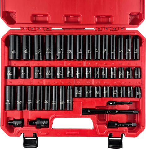 49PCS 3/8” Impact Socket Set,Drive Deep and Shallow Impact Socket Set,Sae&Metric(5/16"-3/4",8Mm-22Mm) with Extension Bars,Universal Joint and Adapter,Cr-V Steel,6-Point