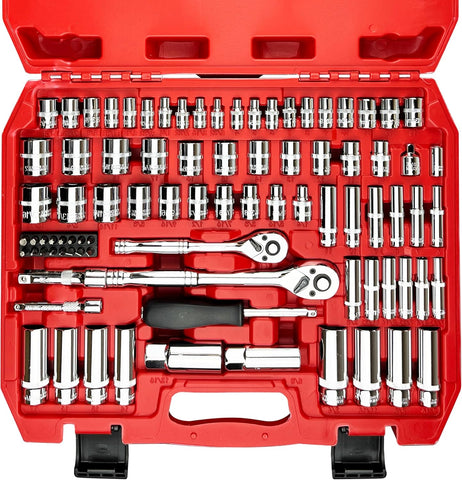 86PCS 1/4”&3/8” Drive Impact Socket Set,Socket Wrench Set,Include Ratchet Handle, Extention Bar, Adapter, 1/4" Bits,Metric/Sae,Deep/Shallow,6-Point,Cr-V Steel,Mirror