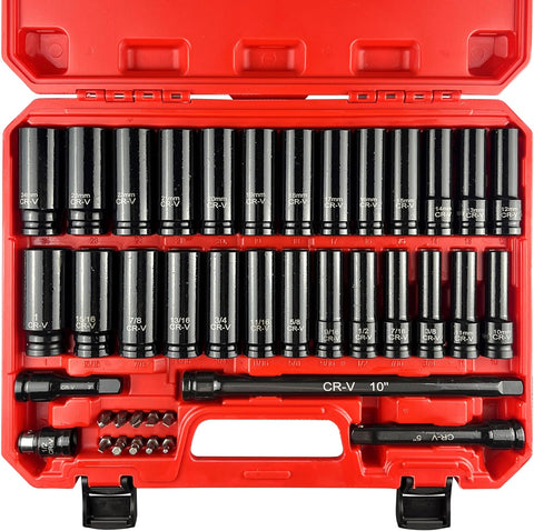 40Pcs 1/2" Socket Set, Drive Deep Impact Socket Set, Including 3 ", 5", 10" Impact Extension Bar, Standard SAE (3/8 "- 1") and Metric (10Mm-24Mm), Sandblasting,Impact Coupler,Cr-V Steel