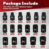 17PCS 1/2” Drive Shallow Impact Socket Set,Metric,6-Point,Cr-V Steel,8-24Mm