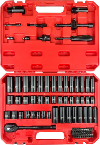 95PCS 3/8” Drive Impact Socket Set,Socket Wrench Set,Include Ratchet Handle, Adapter, Extension Bar, Spark Plug Socket, 1/4" Bits,Metric/Sae,Deep/Shallow,6-Point,Cr-V Steel