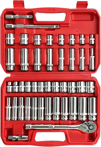 44Pcs 3/8" Drive Impact Socket Set,Drive Master Socket Set,Sae/Metric, Deep & Shallow with 3/8" Drive Head Ratchet,Universal Joint,Extension Bar (3” & 6”),6 Point,Cr-V Steel，Mirror Chrome