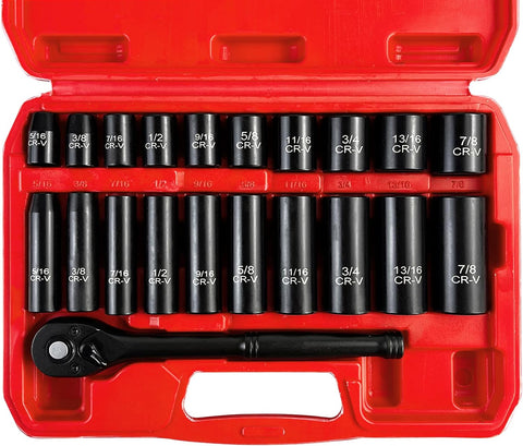 21Pcs 3/8" Socket Set,Drive Impact Socket Set, SAE, Deep & Shallow, Cr-V Steel, 6 Point with Adapters, 72T Ratchet Handle, 5/16-7/8Inch