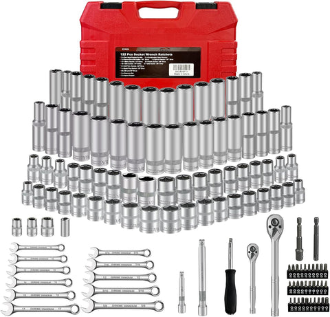 122Pcs 1/4" & 3/8” Drive Impact Socket Set, Ratchet Socket Wrench Set with Extention Bar, Adapter, Screw Bits,Drive Bit Holder, Spark Plug Socket,Cr-V