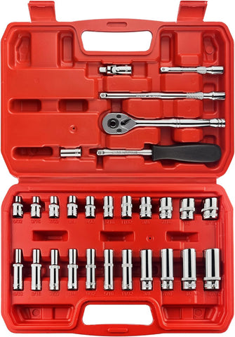 28Pcs 1/4" Drive Impact Socket Set,Drive Master Socket Set,Sae, Deep&Shallow with Universal Joint,Extension Bar,Ratchet Wrench,Hex Bit Holder,Spinner Handle,6 Point,Cr-V Steel,Mirror Chrome