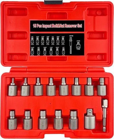 15Pcs Screw Extractor Set, 3/8" Inch Manual Screw Extractor Kit, Easy Out Bolt Remover Set for Rusted, Rounded, Damaged Nuts Screws