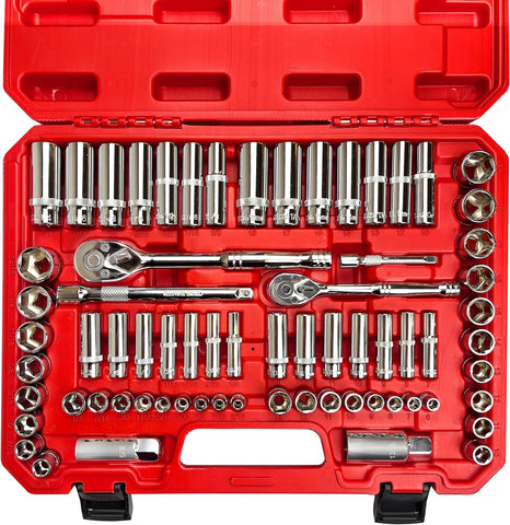 69Pcs 1/4”&3/8" Drive Impact Socket Set,Drive Master Socket Set,Sae/Metric, Deep & Shallow with Drive Head Ratchet,Drive Spark Plug Socket,Extension Bar (3” & 6”),6 Point,Cr-V Steel