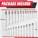 26PCS Ratcheting Wrench Master Set,Combination Wrench Sets,Metric&Sae Wrench Set,1/4” to 7/8“ & 6-19Mm,72-Teeth,12-Point,Cr-V Steel