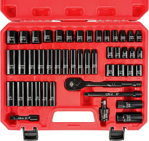 46Pcs 3/8" Socket Set, Drive Impact Socket Set, Sae/Metric, Deep & Shallow, Cr-V Steel, 6 Point and 12 Point Sockets with 72-Teeth Reversible Ratchet
