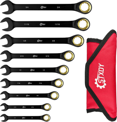 9PCS Anti-Slip Ratcheting Combination Wrench Set, SAE 1/4"-3/4", 72-Tooth, Cr-V Steel, 12 Point with Roll up Pouch