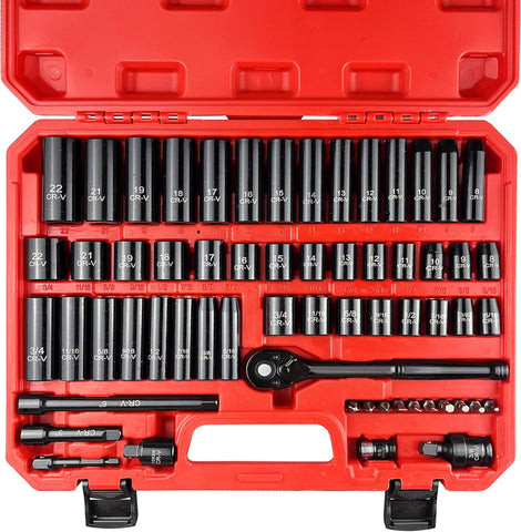 61Pcs 3/8" Socket Set, Drive Deep Impact Socket Set, Including 3 ", 6" Impact Extension Bar, Standard SAE (5/16 to 3/4”) and Metric (8Mm-22Mm),Cr-V Steel