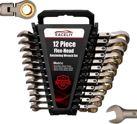 12PCS 180° Metric Flex-Head Ratcheting Wrench Set,Ratchet Combination Master Speed Wrenches,72-Teeth,8-19Mm,Cr-V Steel,With Rack Tray Organizer