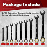 9PCS Anti-Slip Ratcheting Combination Wrench Set, Metric 8-19 Mm, 72-Tooth, Cr-V Steel, 12 Point with Roll up Pouch